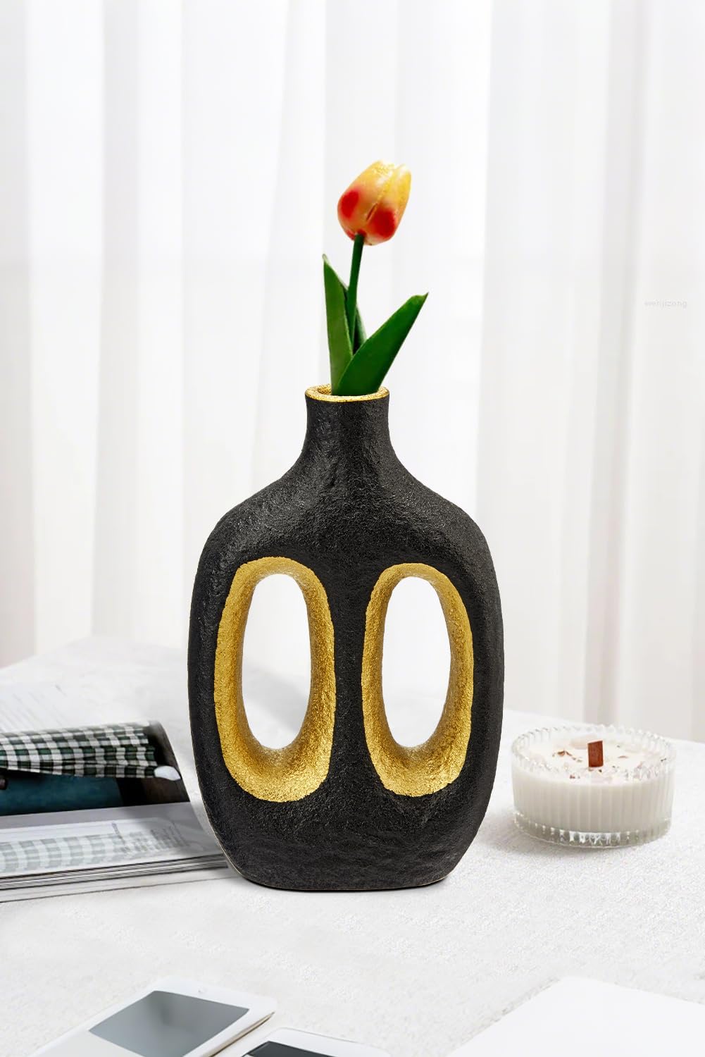Modern Ceramic Vase Black Vases for Centerpieces Shelf / Double Hole / Black + Gold / 9.4 Inch