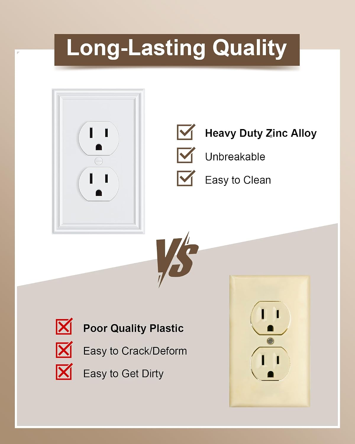 6-Pack Zinc Alloy Single Duplex Outlet Cover Plate, Solid Receptacle Cover | Decorative Switch Plates and Outlet