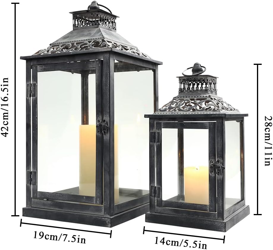 JHY DESIGN Set of 2 Antique Grey Brush Decorative Lanterns Metal Candle Lanterns for Indoor Outdoor Events Paritie and