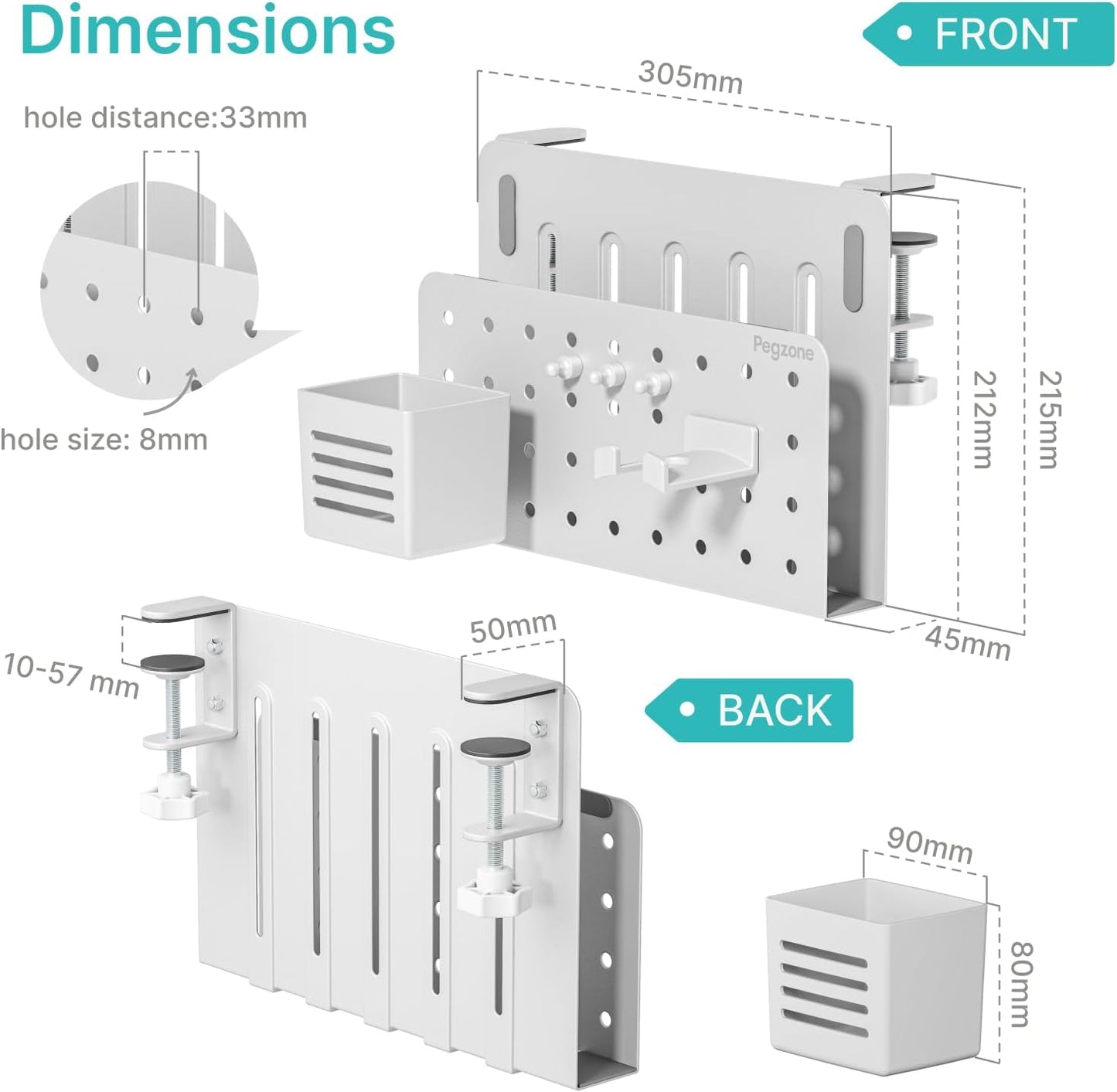Desk Side Storage Organizer, Fits Flat Edge 0.4" to 2.2", White | No Drill Under Desk Laptop Holder, Clamp on Desks