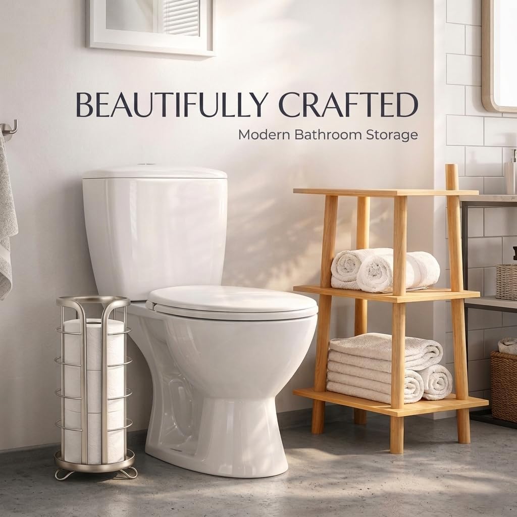 BROOKSTONE Toilet Paper Holder Stand Reserve - Free Standing Toilet Paper Stand with Storage that Holds Mega Rolls