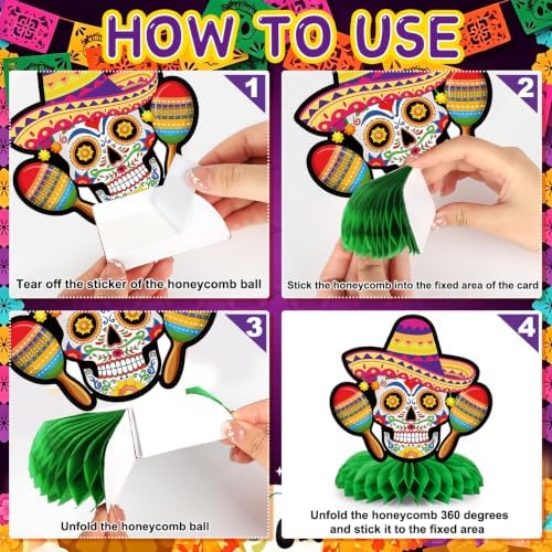 12Pcs Day of the Dead Honeycomb Centerpieces Decorations Dia De Los Muertos Altar Table Decorations Double Side Sugar Skull Table Centerpieces for Mexican Day of The Dead Halloween Party Supplies