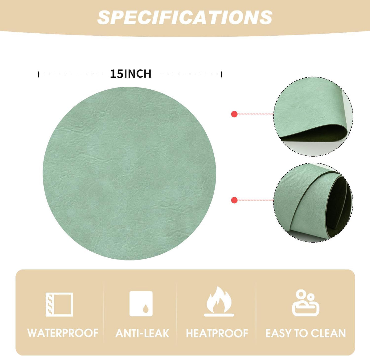 Artoid Mode Sage Faux Leather Placemats Set of 6, 15 Inch Waterproof Wipeable Heat Resistant Vinyl Place Mats