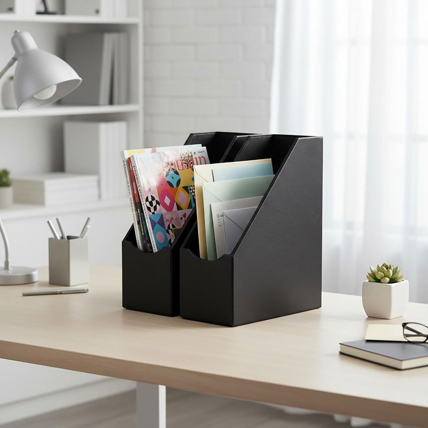 UnionBasic Magazine File Holder, Leatherette Desktop Document Organizer, Home Office Paper Holder File Storage