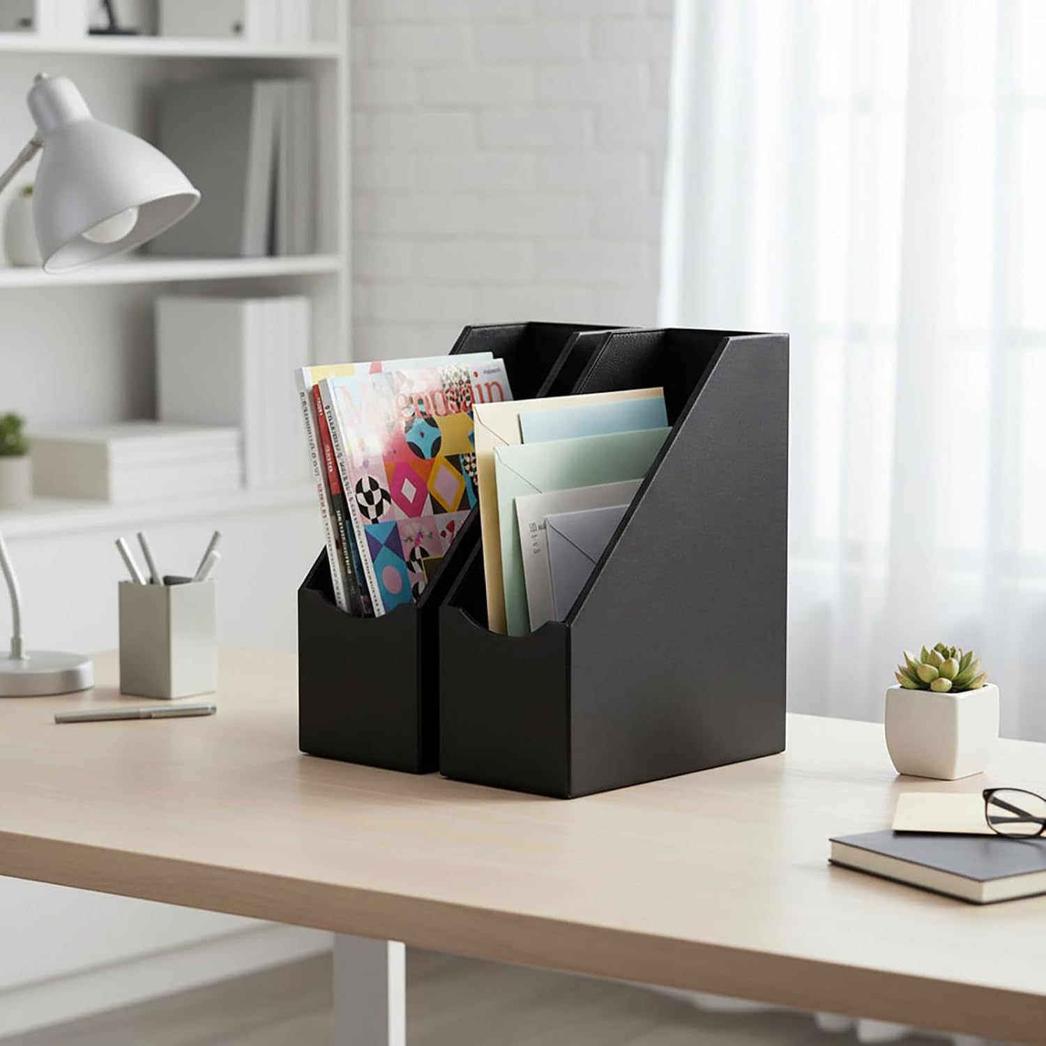 UnionBasic Magazine File Holder, Leatherette Desktop Document Organizer, Home Office Paper Holder File Storage
