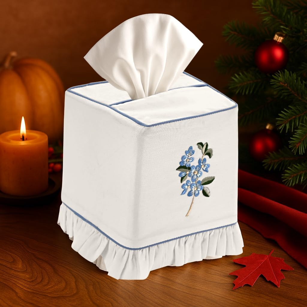 Embroidered White Cotton Tissue Box Cover / Blue Floral