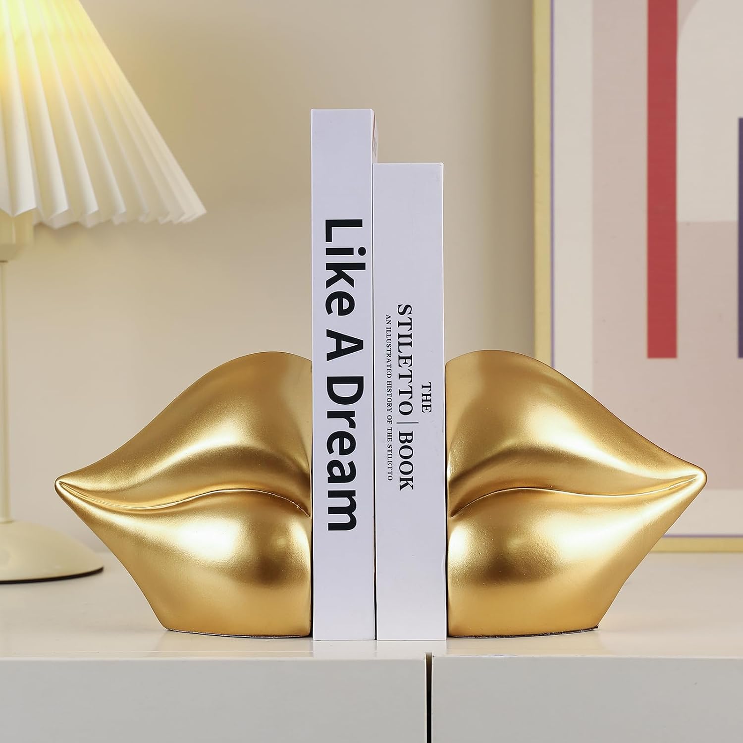 Decorated Bookends / Heavy Decorative Book Stoppers / Gold Lips / 10.2 x 5.5 x 3.2 / Set of 2