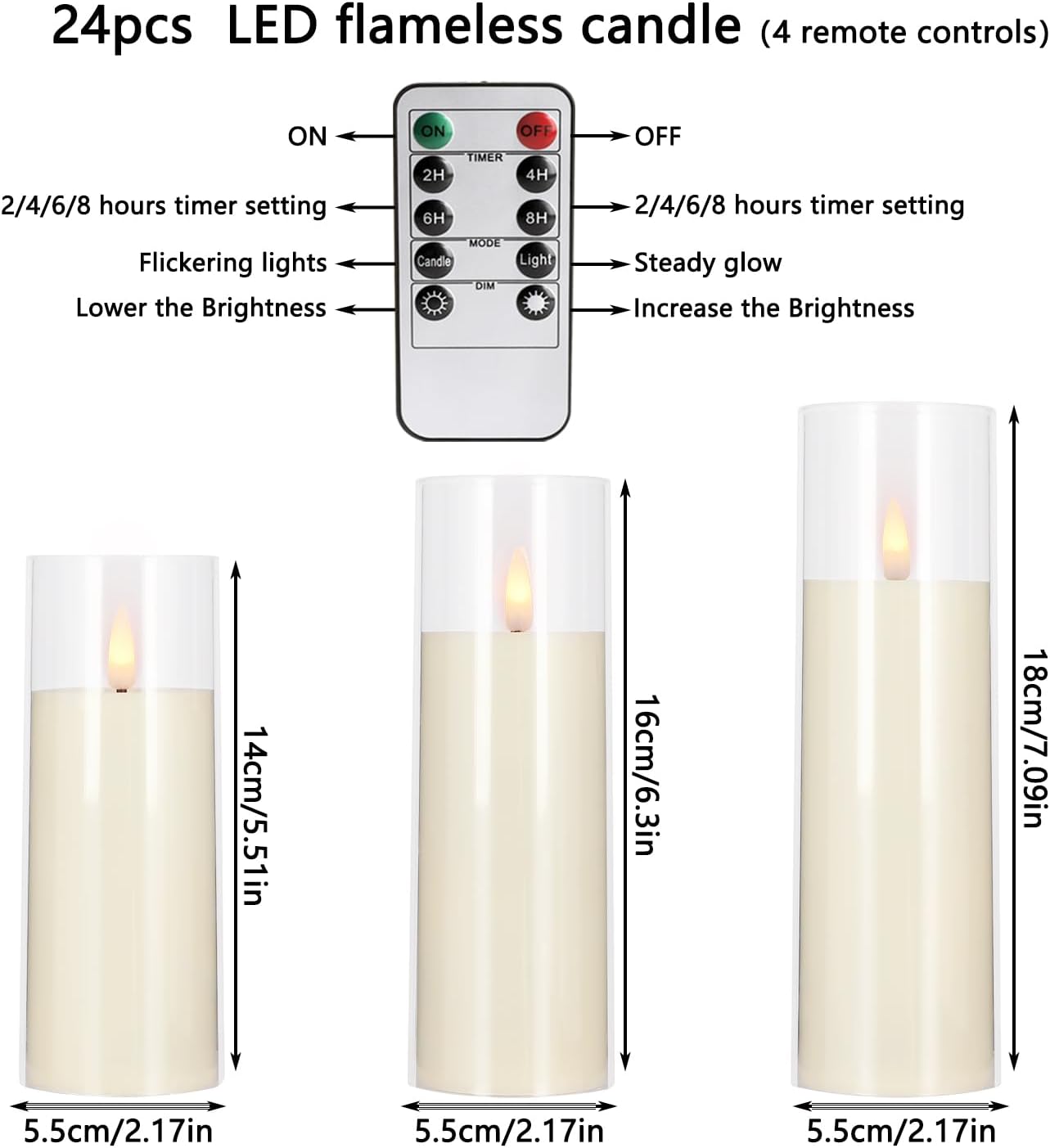 YOROXRG Flickering Flameless Candles Battery Operated with Remote and 2/4/6/8 H Timer Plexiglass LED Pillar Candles