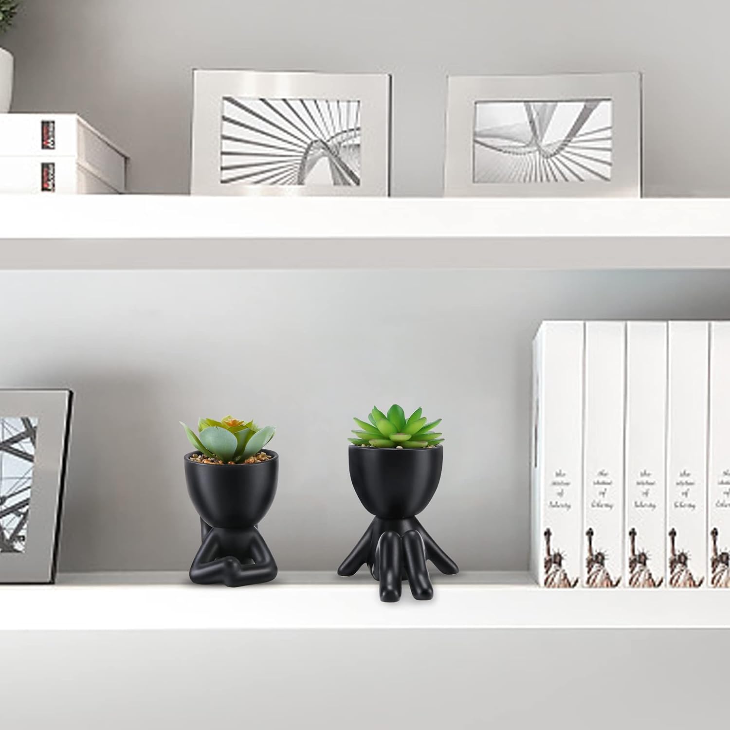 Mini Succulents Plants Artificial in Black Modern Human Shaped / Black Ceramic Pot A Green Succulent