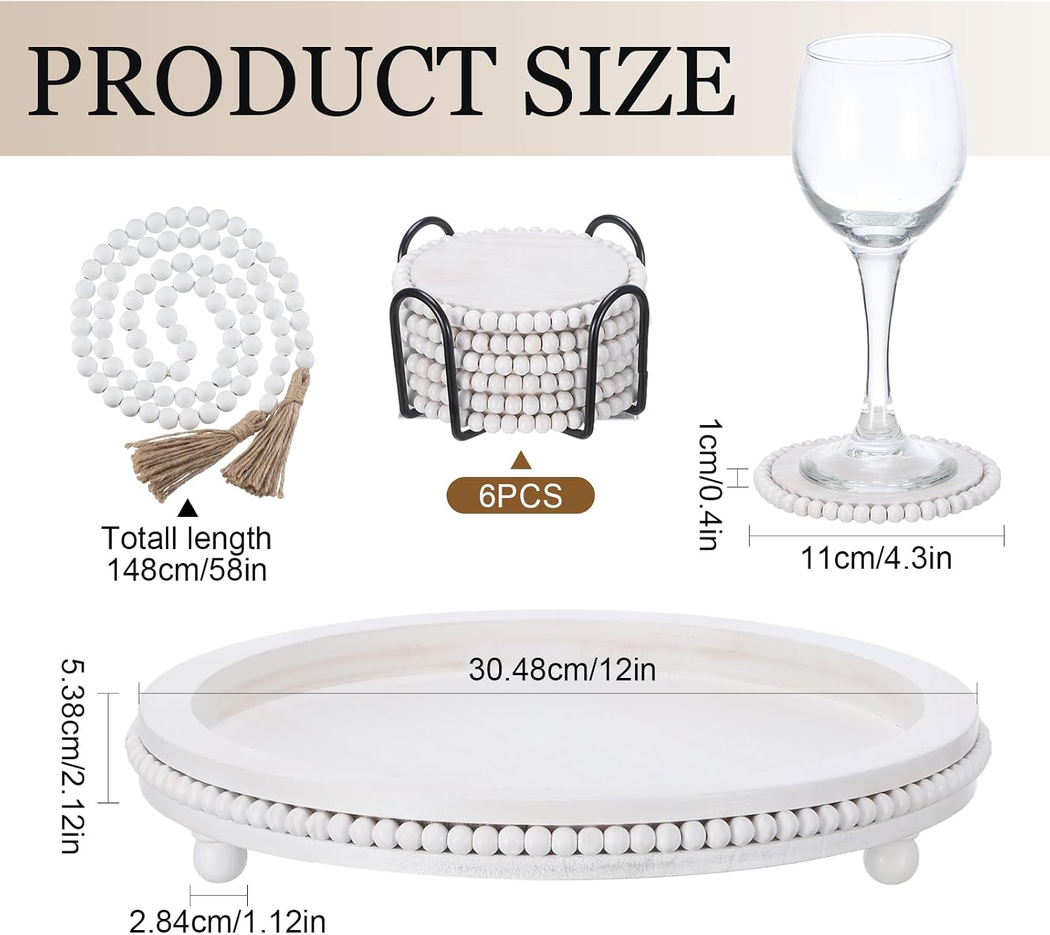 Farmhouse Trays Decoration Set 6 Rustic Wooden Bead Coasters / White / Set of 8