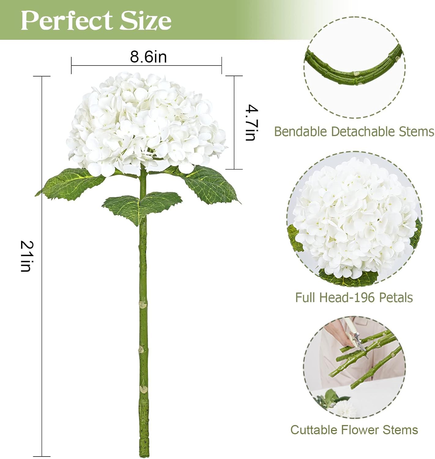 Full Latex Faux Hydrangea Flowers / White / Set of 3