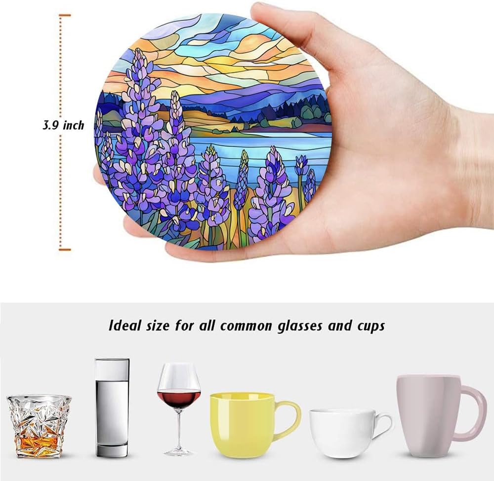 Holder / Drink Absorbent Coasters / Stained Glass Flowers / Round / Set of 6