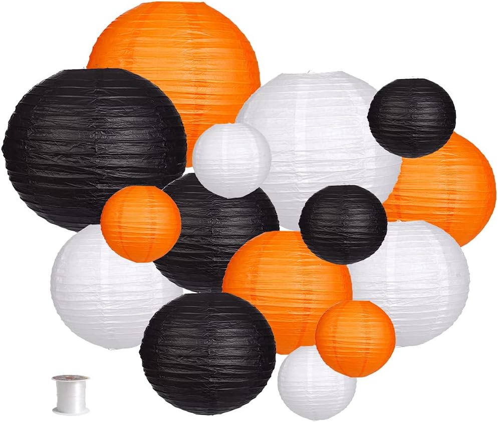 Round Hanging Paper Lanterns Orange and Black Party Decorations 15pcs
