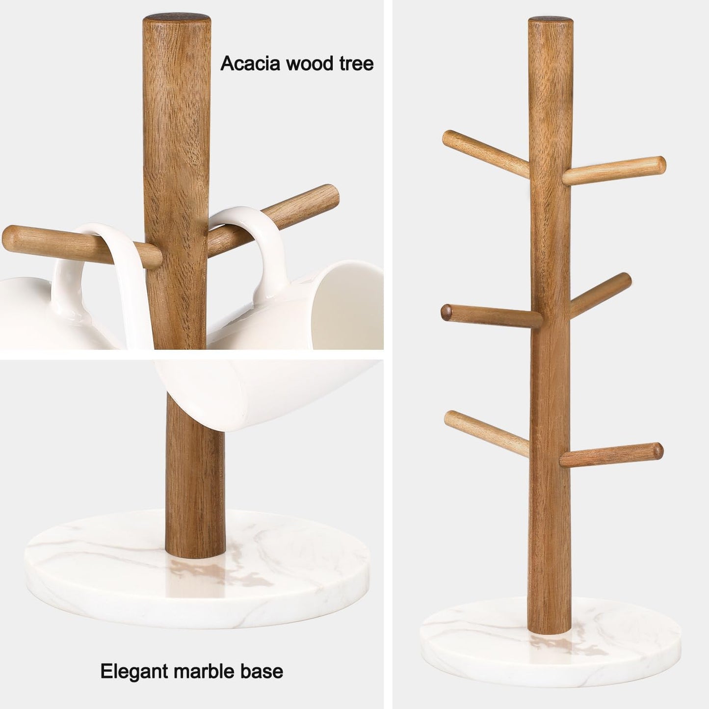 Buruis Acacia Wood Mug Holder with Marble Base, 6 Hook Mug Tree, White | Coffee Mug Rack for Countertop, Space-Saving