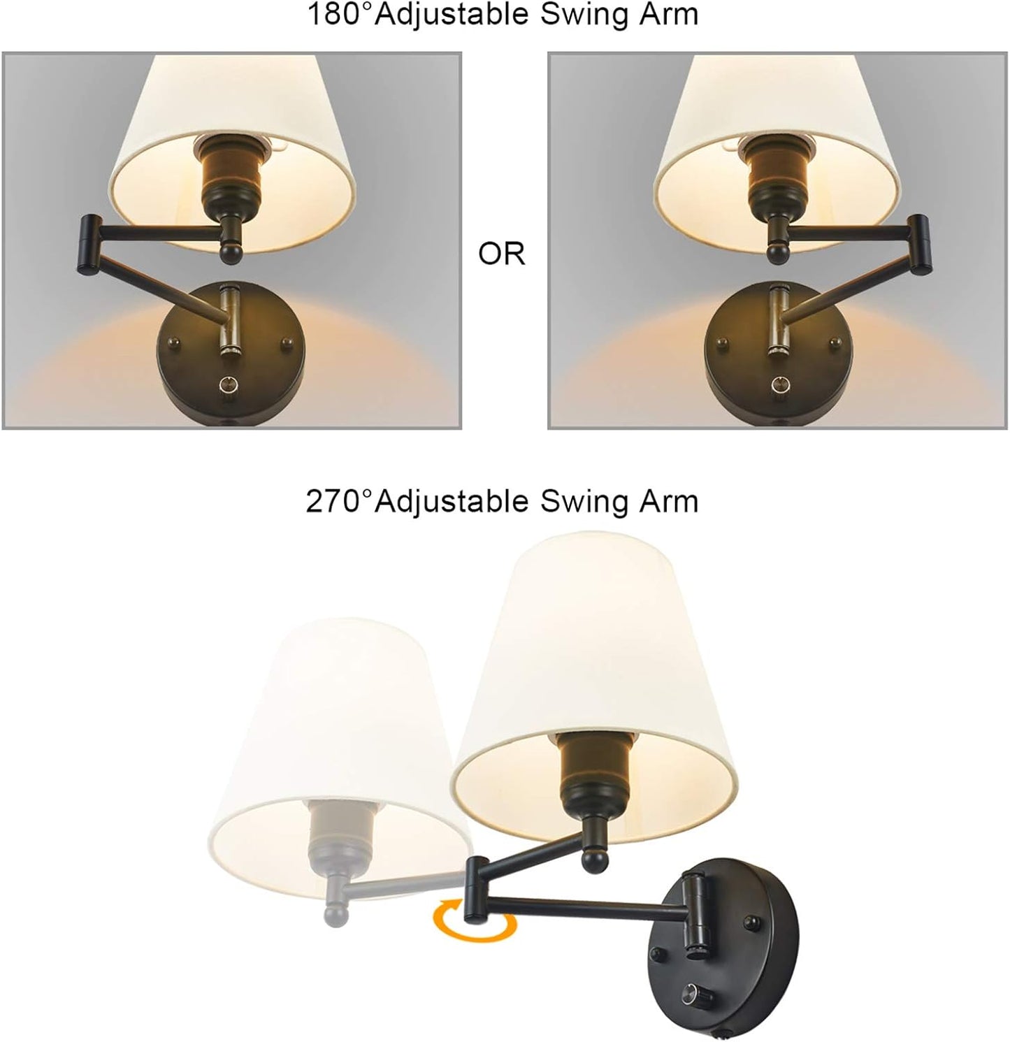 Swing Arm Wall Lamp Plug in Wall Mount Opaque Ivory Linen Shade 40W 2-Way Cord Covers(1 Light)