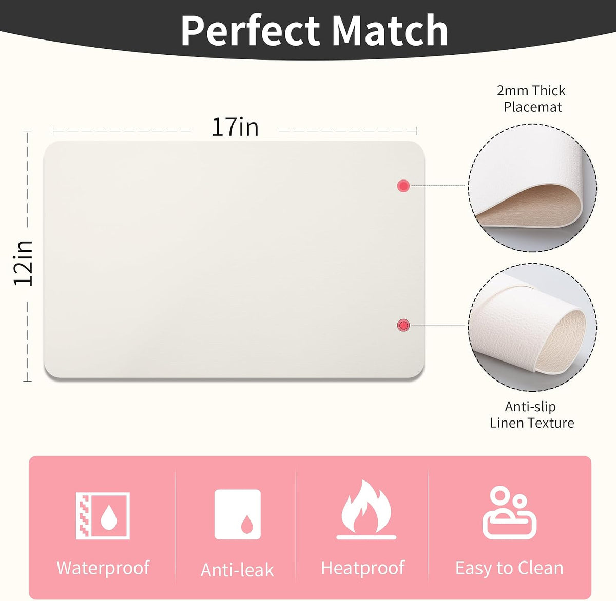 Maxpearl Faux Leather Placemats Set of 8, Easy to Clean, Ivory White | Waterproof - Heat Resistant - Non Slip - Wipe