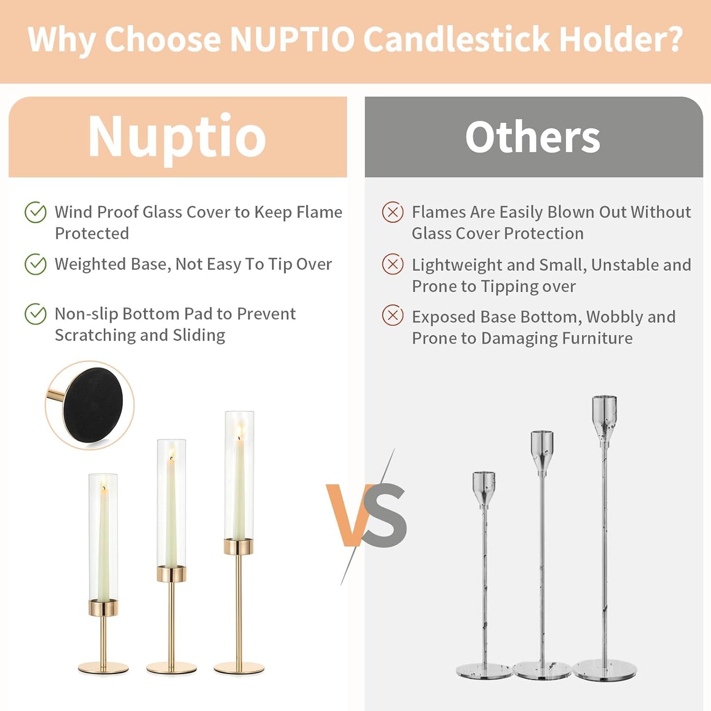 NUPTIO Hurricane Candle Holder for Candlestick, 6 Pcs Gold Candle Holders | Tall Taper Candle Holder with Cylinder