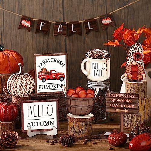 FairySandy 13 Pcs Fall Tiered Tray Decor Set Pumpkin Gnome Hello Autumn
