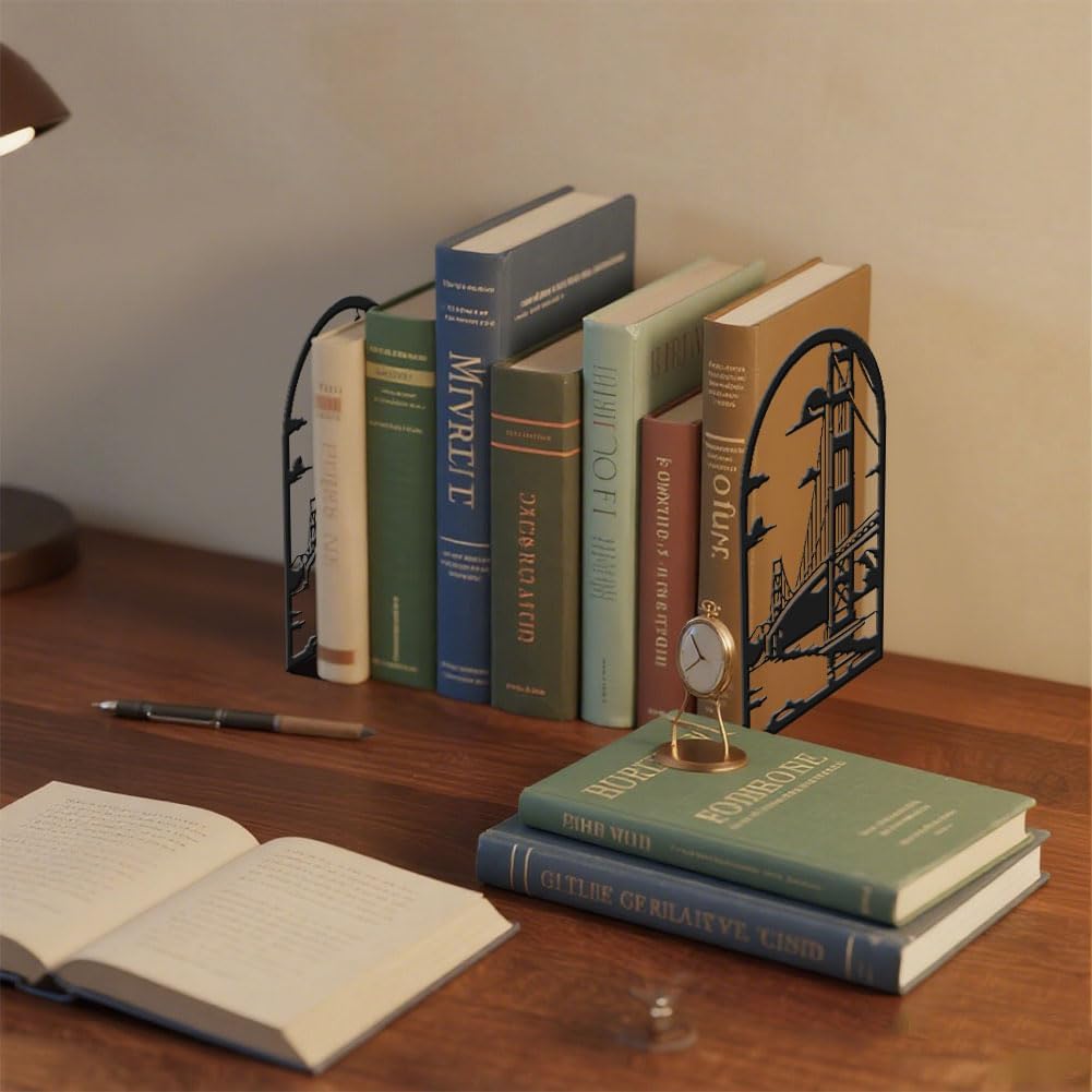 Metal Bookends Heavy Duty Book Shelf Holders Golden Gate Decorative Book / Bridge / Black / Set of 2