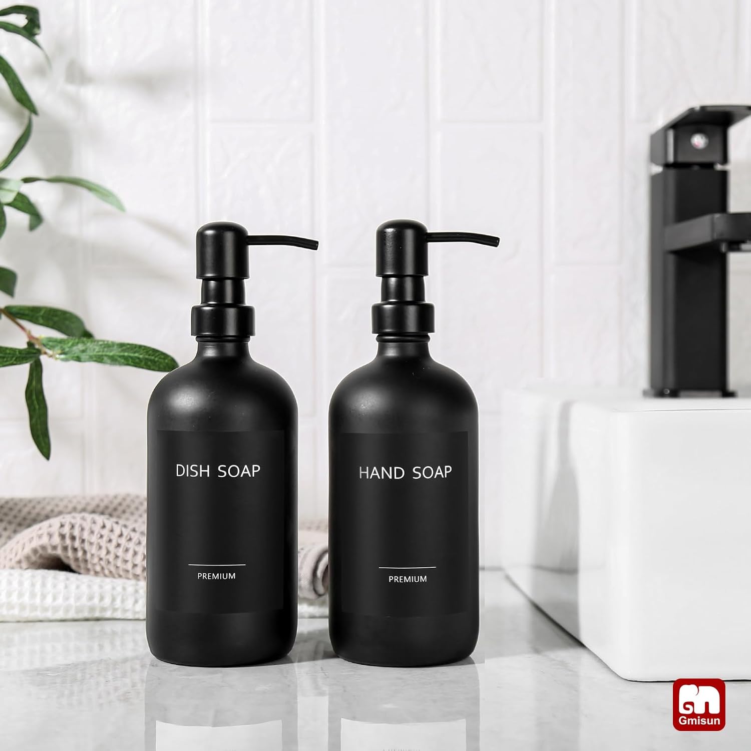 GMISUN Black Soap Dispenser, 2 Pack Matte Black Hand Soap Dispensers Bathroom with Stainless Steel Pump, 17 Fl Oz Glass