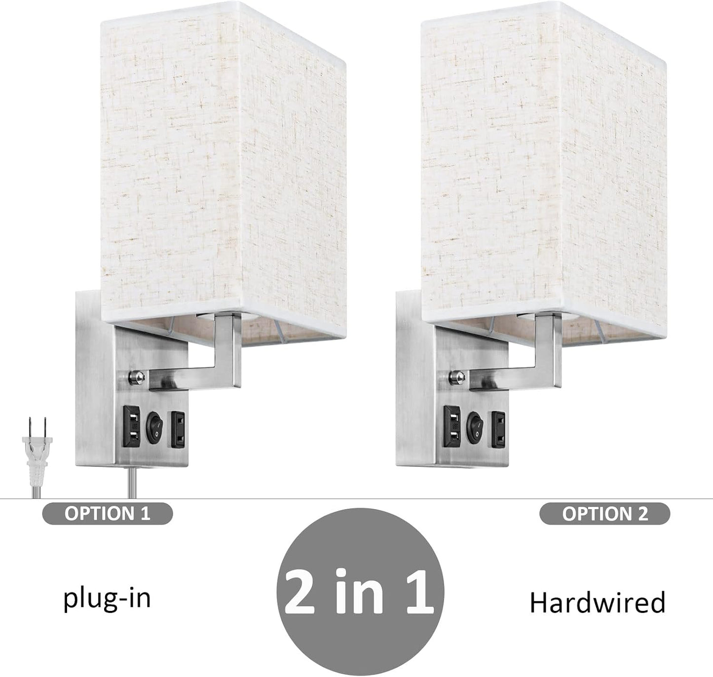 CADUKE Bedside Wall Lamp Set of 2, Plug in Wall Light with USB Charging Ports and AC Outlet Socket, Brushed Nickel