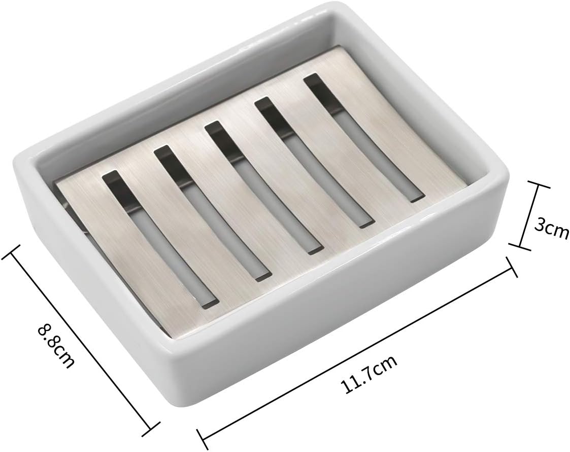 Ceramic Soap Dish Holder Stainless Steel / White
