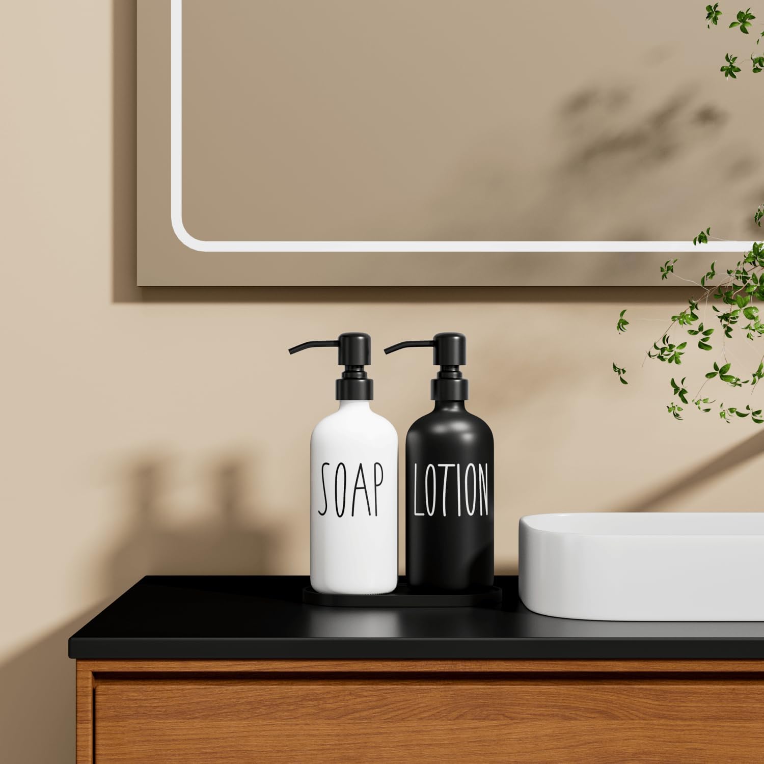 MOMEEMO Glass Soap Dispenser with Stainless Steel Pump, Contains Lotion Dispenser, Hand Soap Dispenser & Tray. (Black &