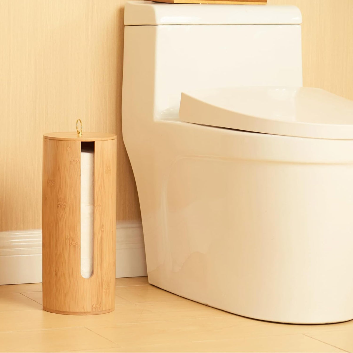 Gobam Bamboo Toilet Paper Storage with Dual-Use Lid, Freestanding Bathroom Tissue Organizer with Viewing Slot, Built-In