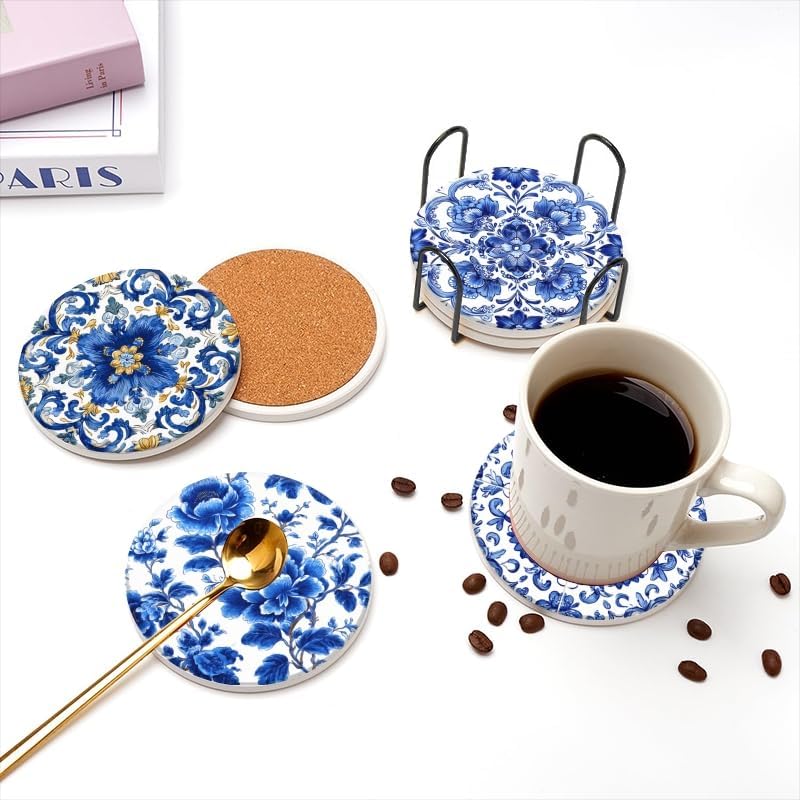 Holder and White Porcelain Coasters / 4in/10cm / Color-3 / Blue / Set of 6
