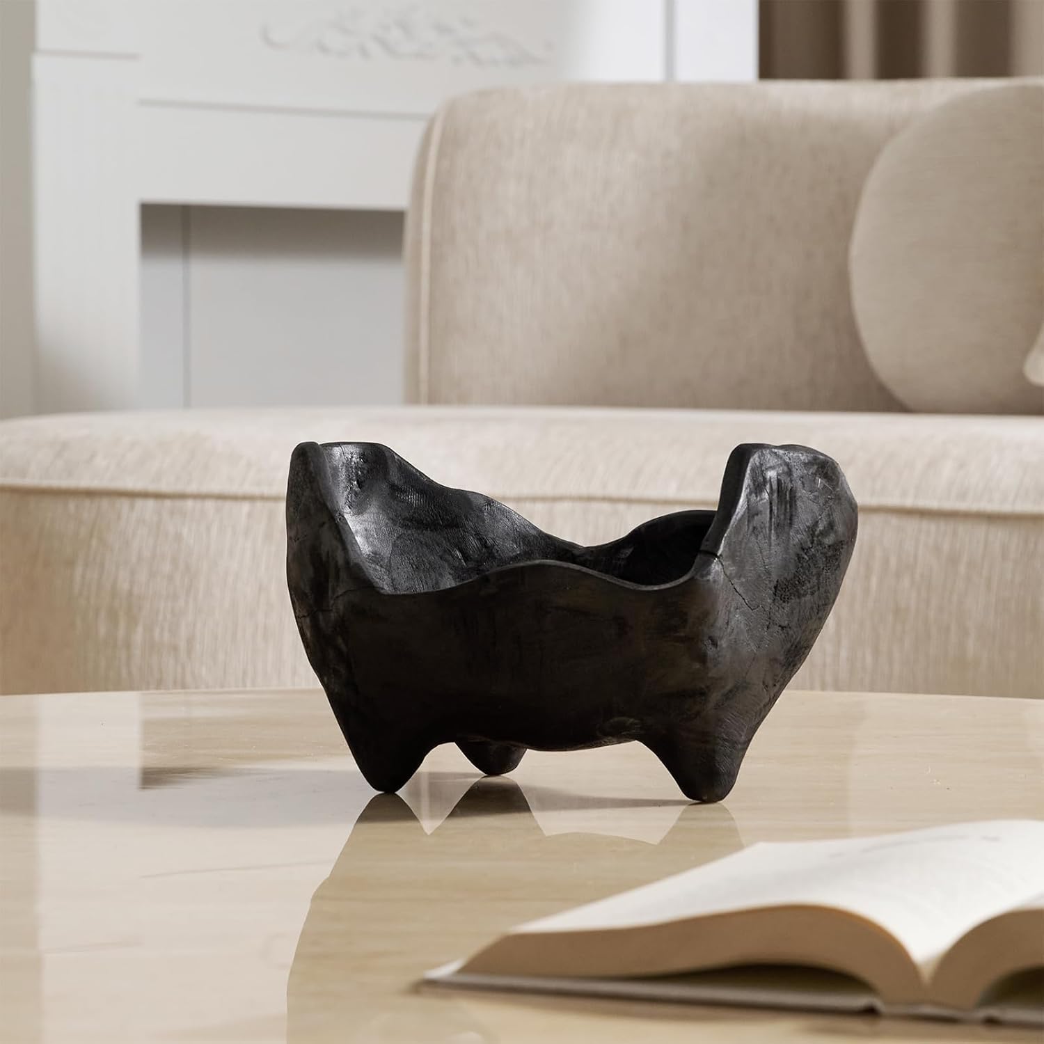 Oak Wood Black Decorative Bowl- Small Bowl for Entryway Key / Black with Feet / 9.25 x 5.51