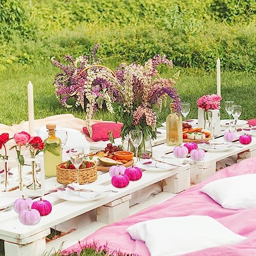 Winlyn 12 Pcs Assorted Small Artificial Pink Velvet Pumpkins Decorative Fabric Foam Pumpkins 3" for Fall Wedding Baby Shower Halloween Thanksgiving Table Centerpiece Mantel Farmhouse Decor