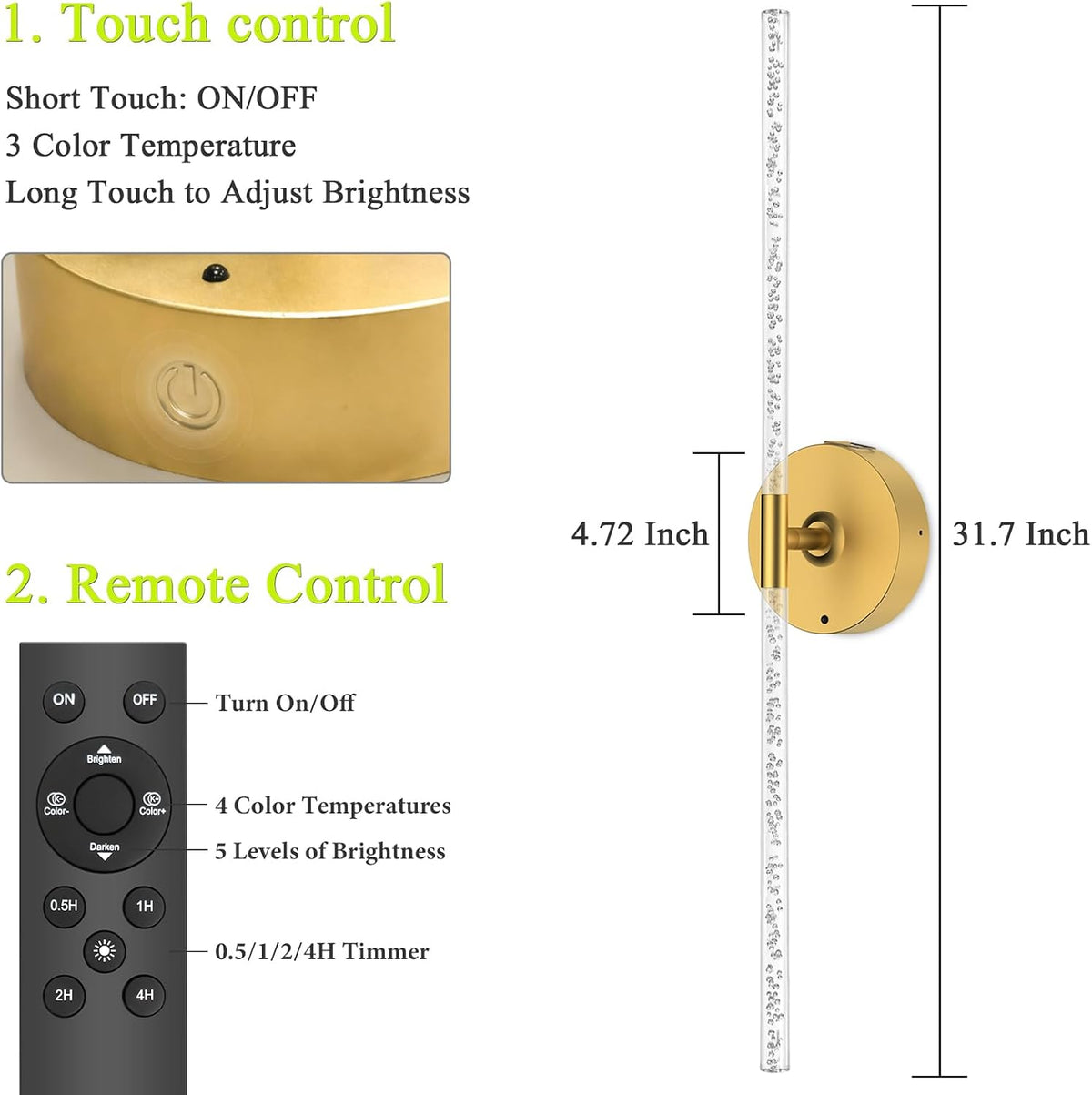 Rechargeable Wall Lights Battery Operated Sconce 2Pack(Gold Bubble Crystal) | 10000mAh Wireless Wall Lights With Touch