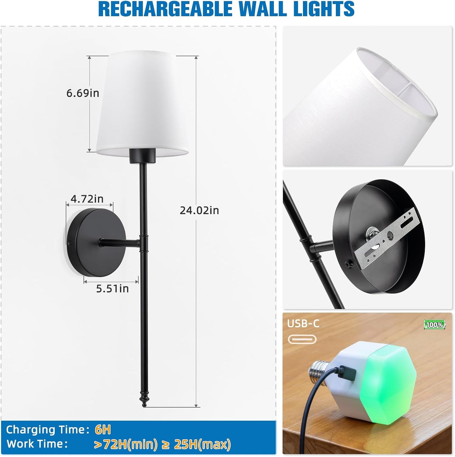 Battery Operated Wall Sconce Set of 2,Black Rechargeable Wall Lights with 10400mAh Dimmable Bulbs and Remote,10 Colors