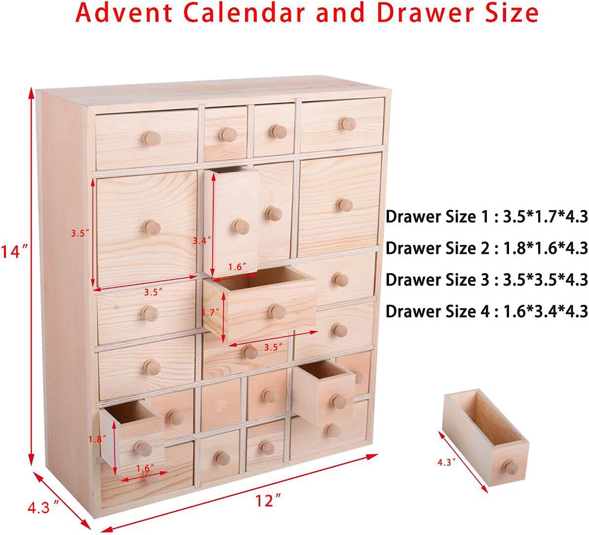 Vencer Wooden Countdown to Christmas Advent Calendar Storage Organizer with 24 Drawers,Jewelry Box,Desktop
