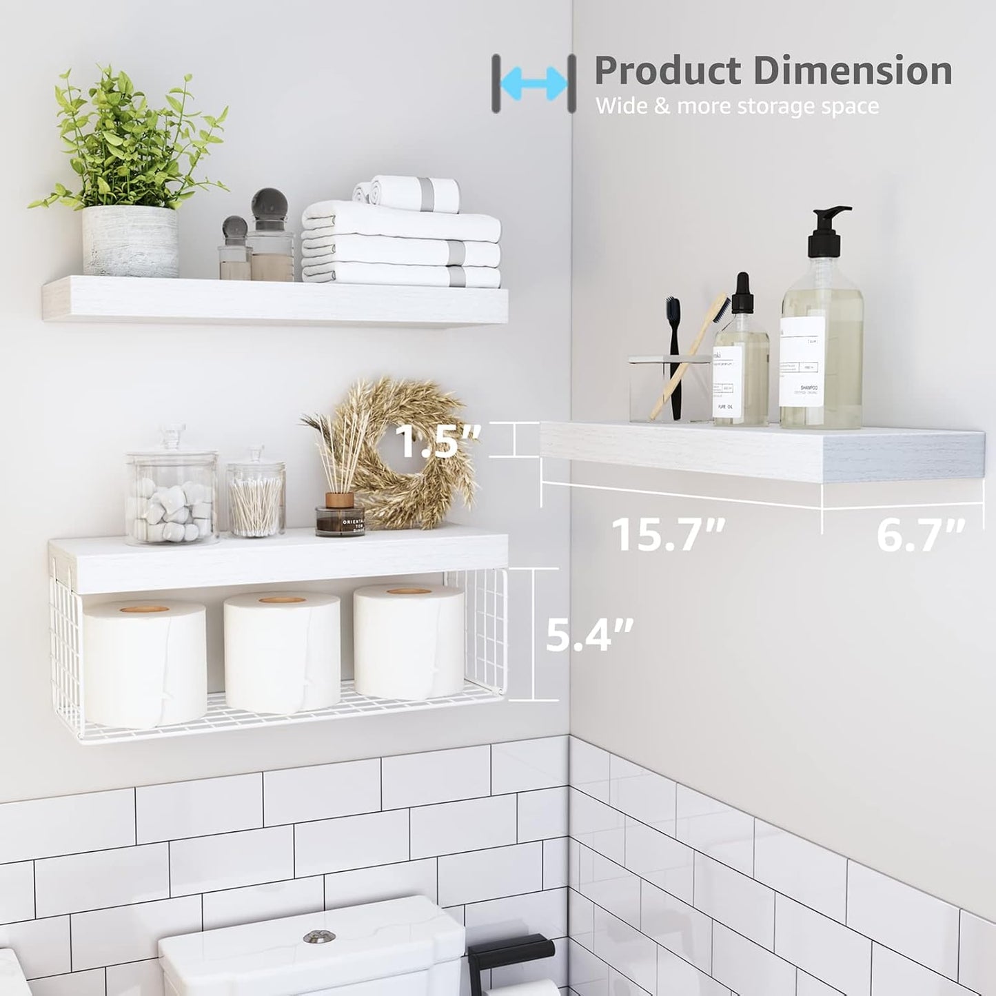 QEEIG Bathroom Shelves Over Toilet - Wall Mounted Floating Shelves Toilet Paper Storage Small Farmhouse Decor Shelf 16