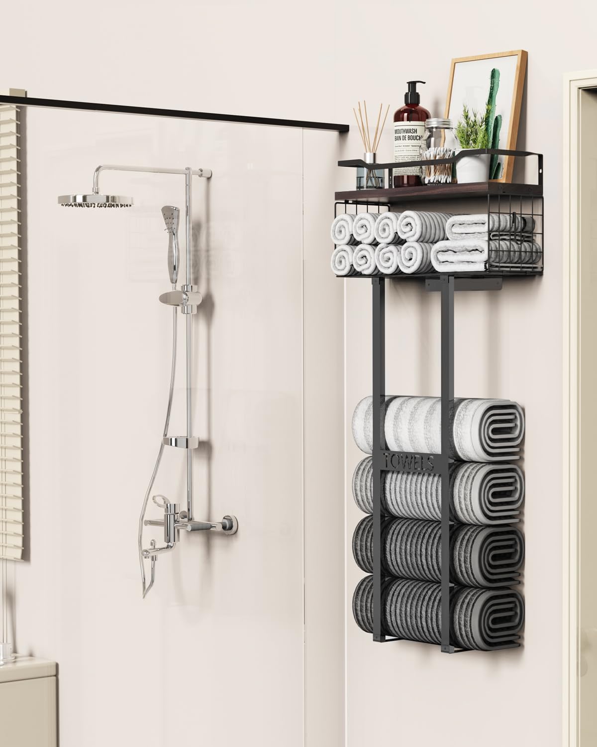 Large Towel Rack & Bathroom Towel Holder - Wall Mounted Metal Rack with Wooden Floating Shelf, Small Bathroom Towel