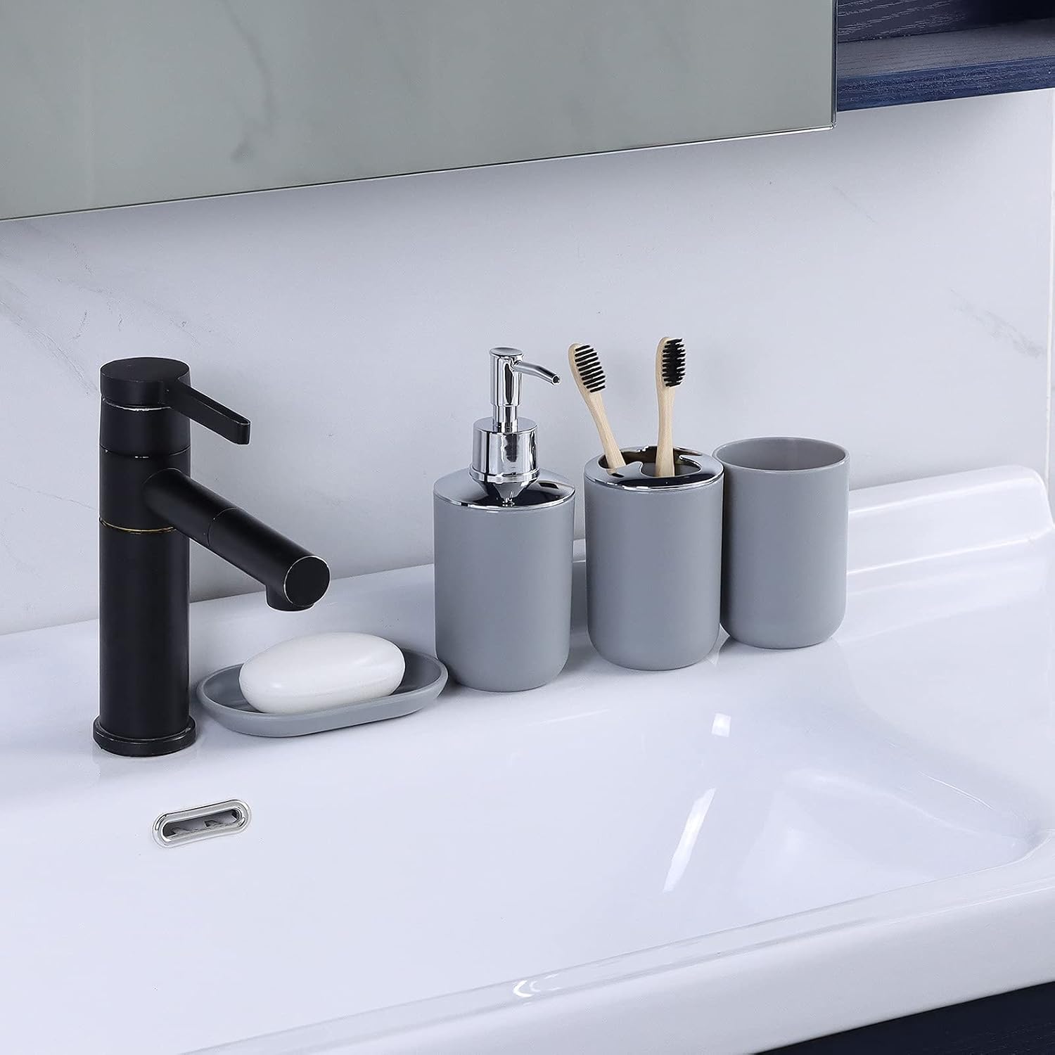 IMAVO Bathroom Accessories Set,Grey Bathroom Set,7 Pieces Bathroom Accessory Set,Tray,Toilet Brush,Trash Can for