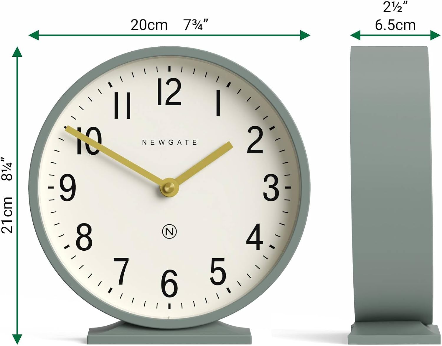 NEWGATE® Q Mantel Clock | Modern Classic Round Mantel Clock | Asparagus Green | Contemporary Style for Mantel, Desk