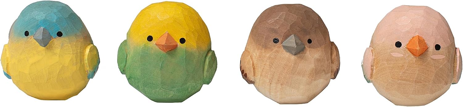 Hand-Carved Wooden Bird Figurines / Set of 4