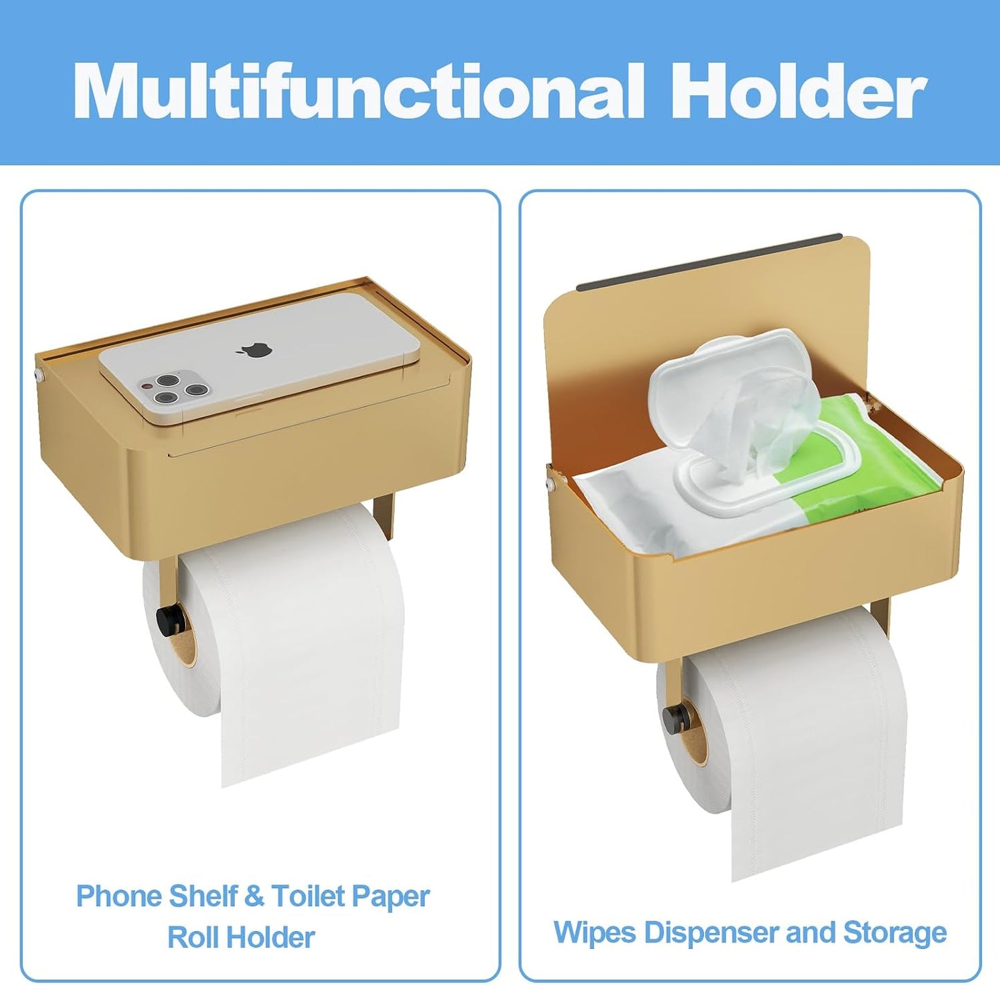 JUYSON Toilet Paper Holder, Toilet Paper Holder with Shelf, Color Gold | Wall Mount, SUS304 Stainless Steel, Flushable