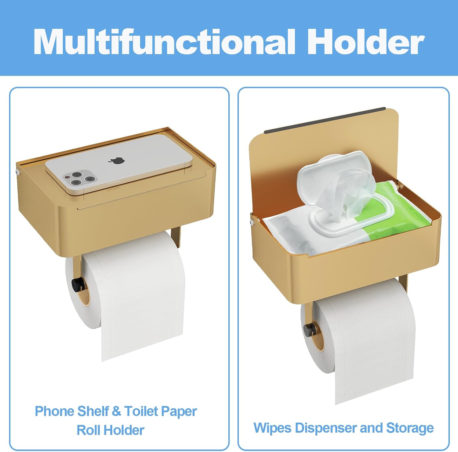 JUYSON Toilet Paper Holder, Toilet Paper Holder with Shelf, Color Gold | Wall Mount, SUS304 Stainless Steel, Flushable