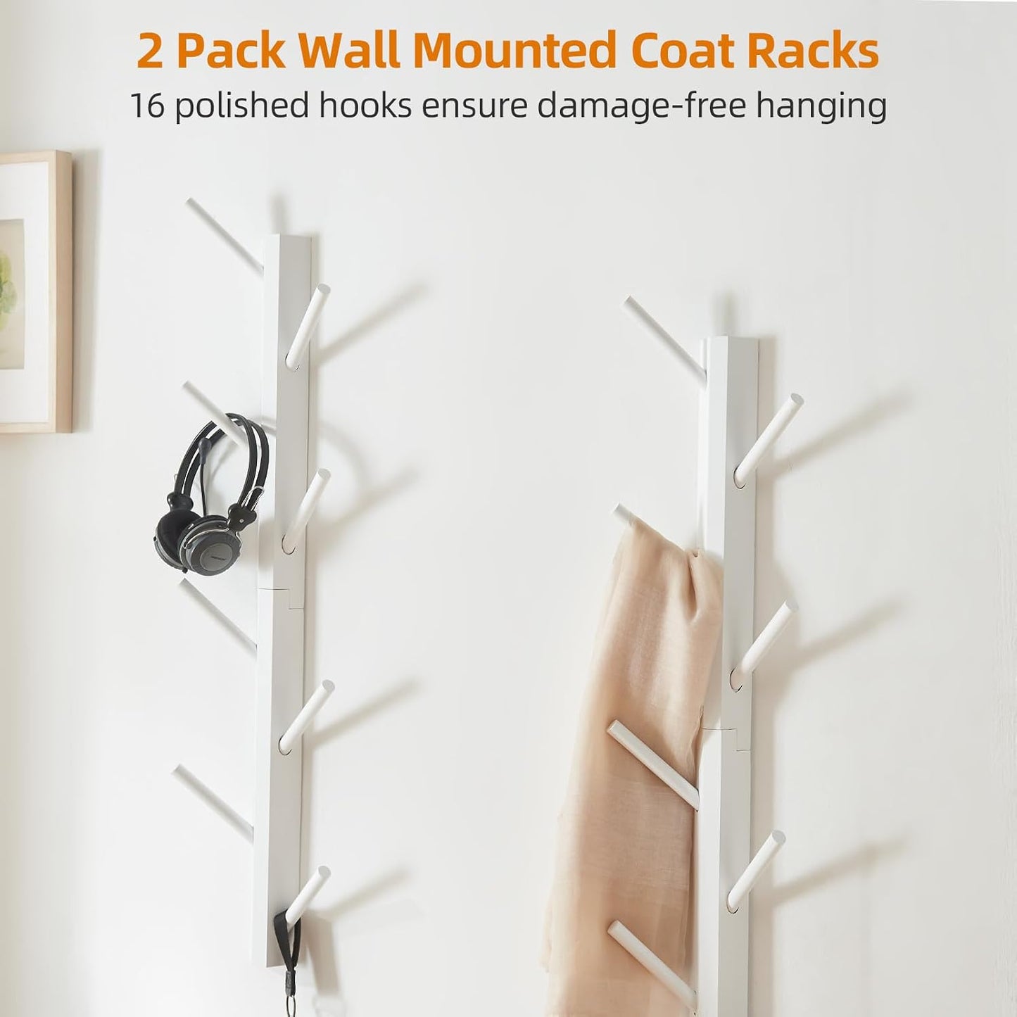 2-Pack Vertical Wall Mount Coat Rack for Clothes and Hats, White | Bamboo construction, 16 polished hooks, max 50 lbs
