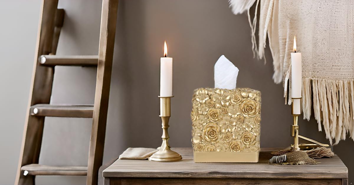 Modern Square Tissue Box Cover Holder / Petal Golden
