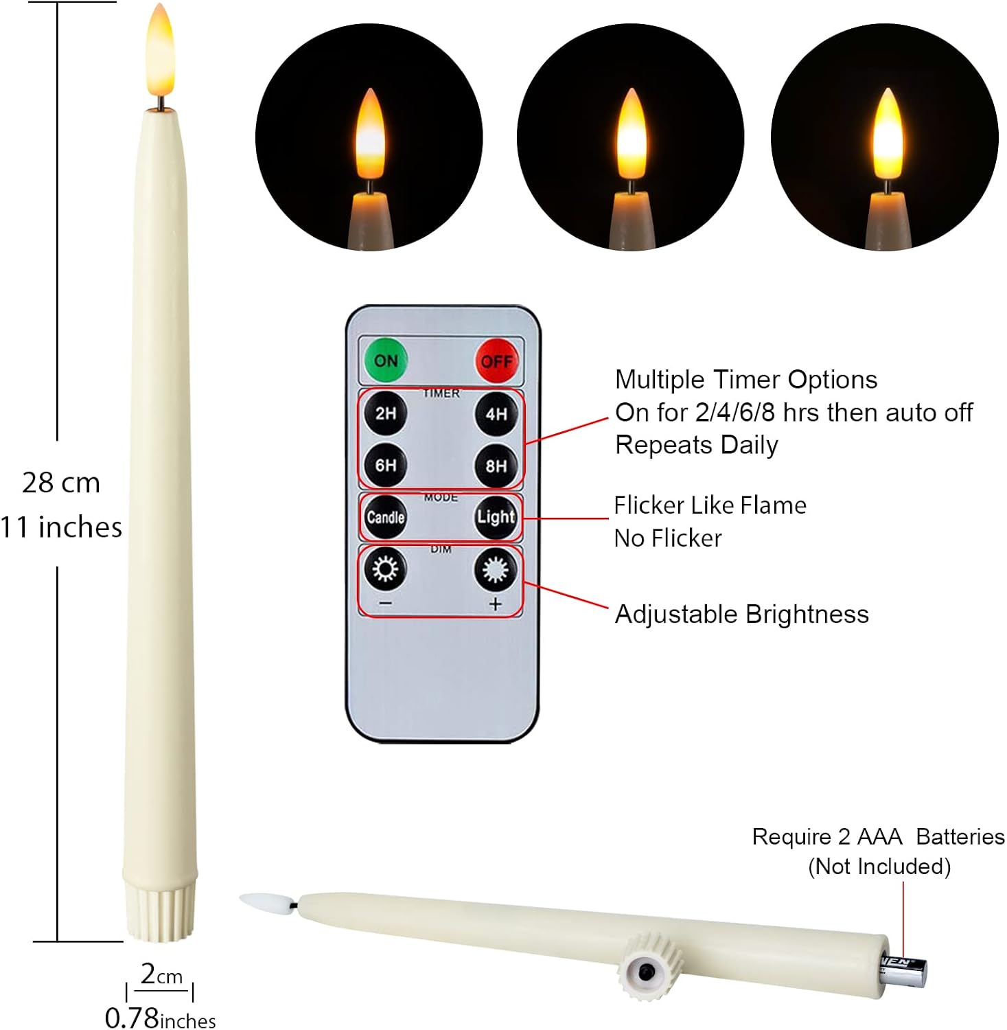 Homemory 11 inches Waxy Flameless Taper Candles with Remote Timer Dimmer, 6 Pcs Battery Operated Taper Candles with