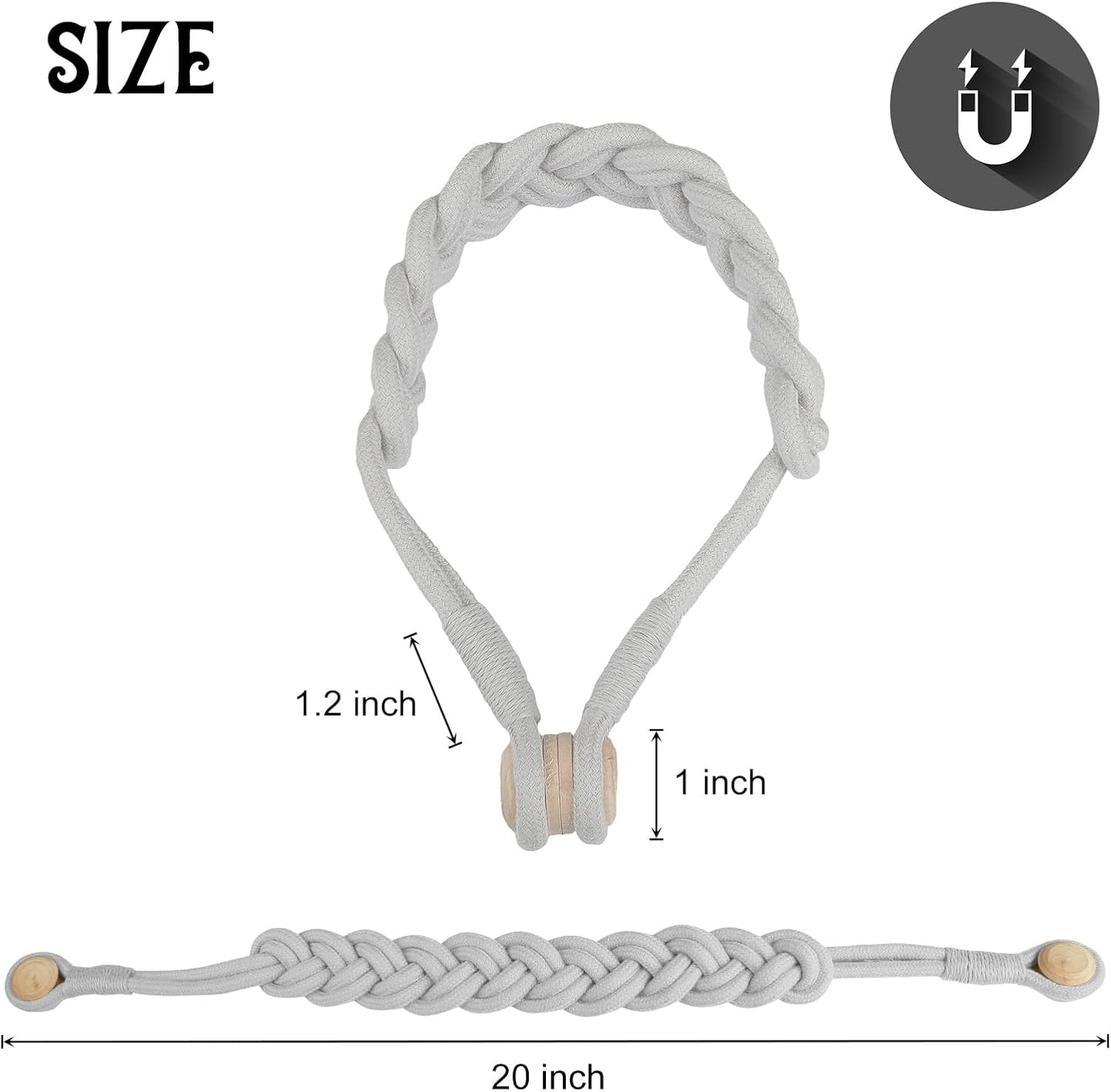 BEL AVENIR Curtain Tiebacks Magnetic 4 Pack Woven Drapery Holdback | Handmade Curtain Ties, No Drill, for Outdoor