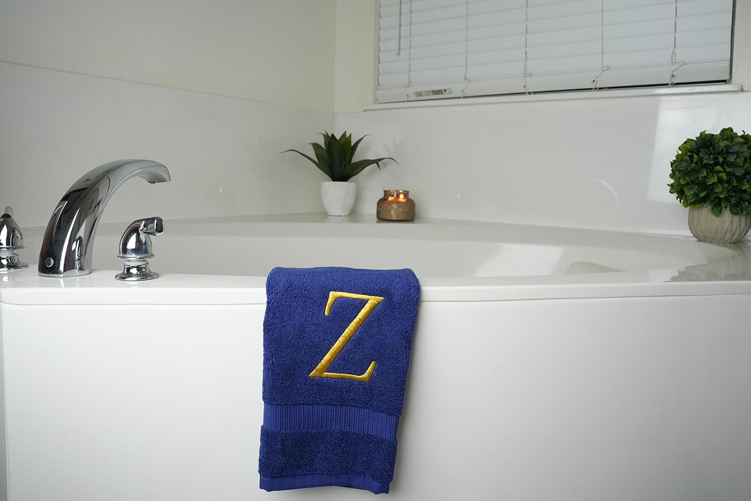 Navy with Gold Monogrammed Hand Towels for Bathroom - Set of 2 Letter Z | Luxury Hotel Quality Initial Towels For