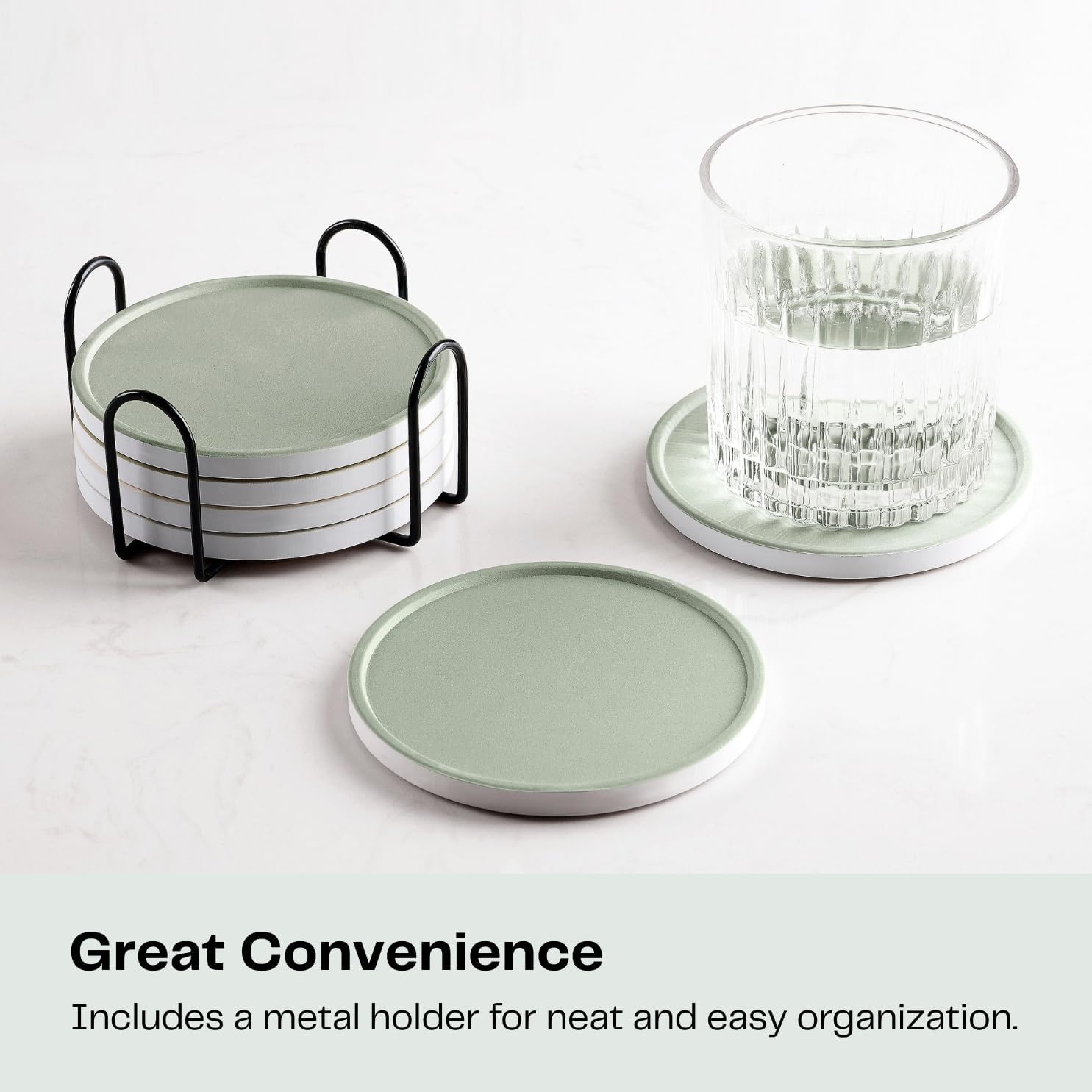 Holder / Absorbent Ceramic Drink Coasters / Sage Green / Set of 6