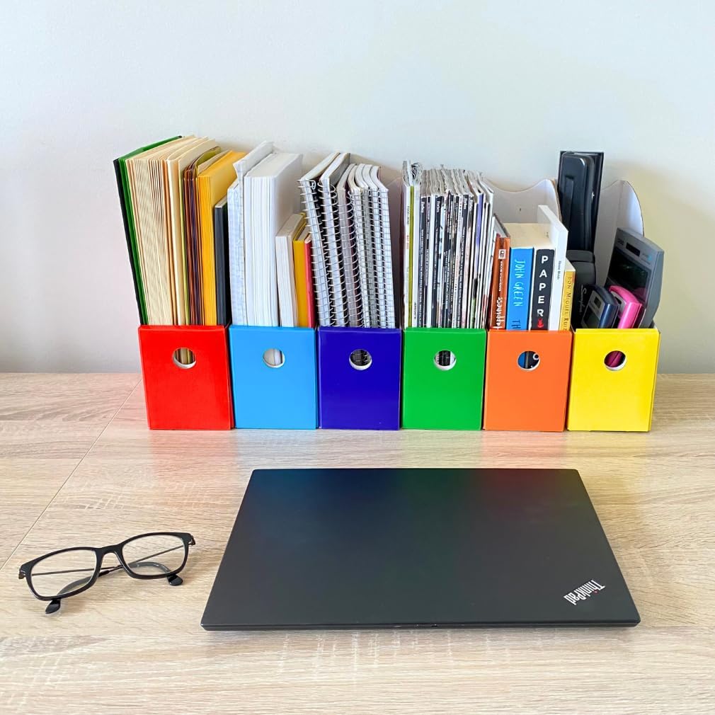 Evelots Magazine File Holder -Set of 6 Multi Color- Office Desk Organizer - Sturdy Cardboard - New Upgraded Double