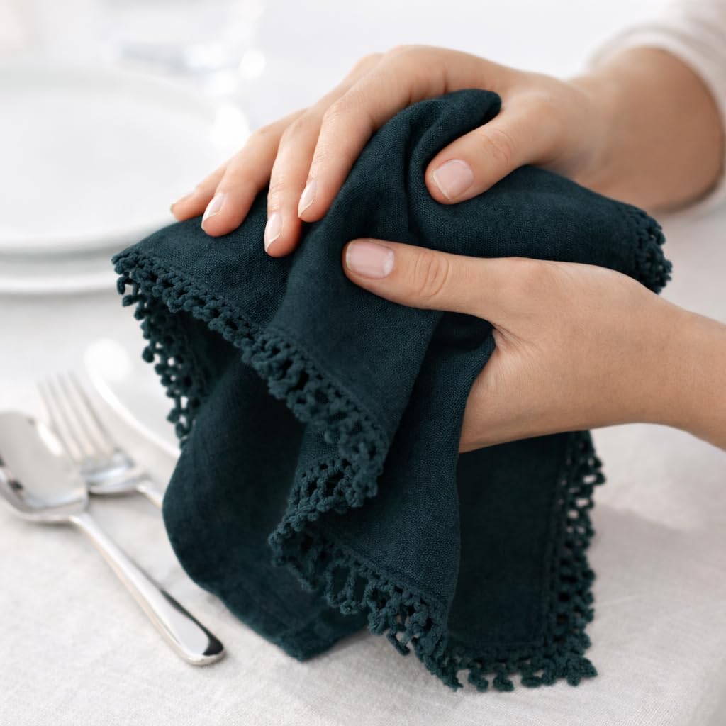Bedding Craft Cotton Cloth Dinner Napkins Set of 12 – 18x18 Magical Forest with Decorative Lace Selvedge – Elegant