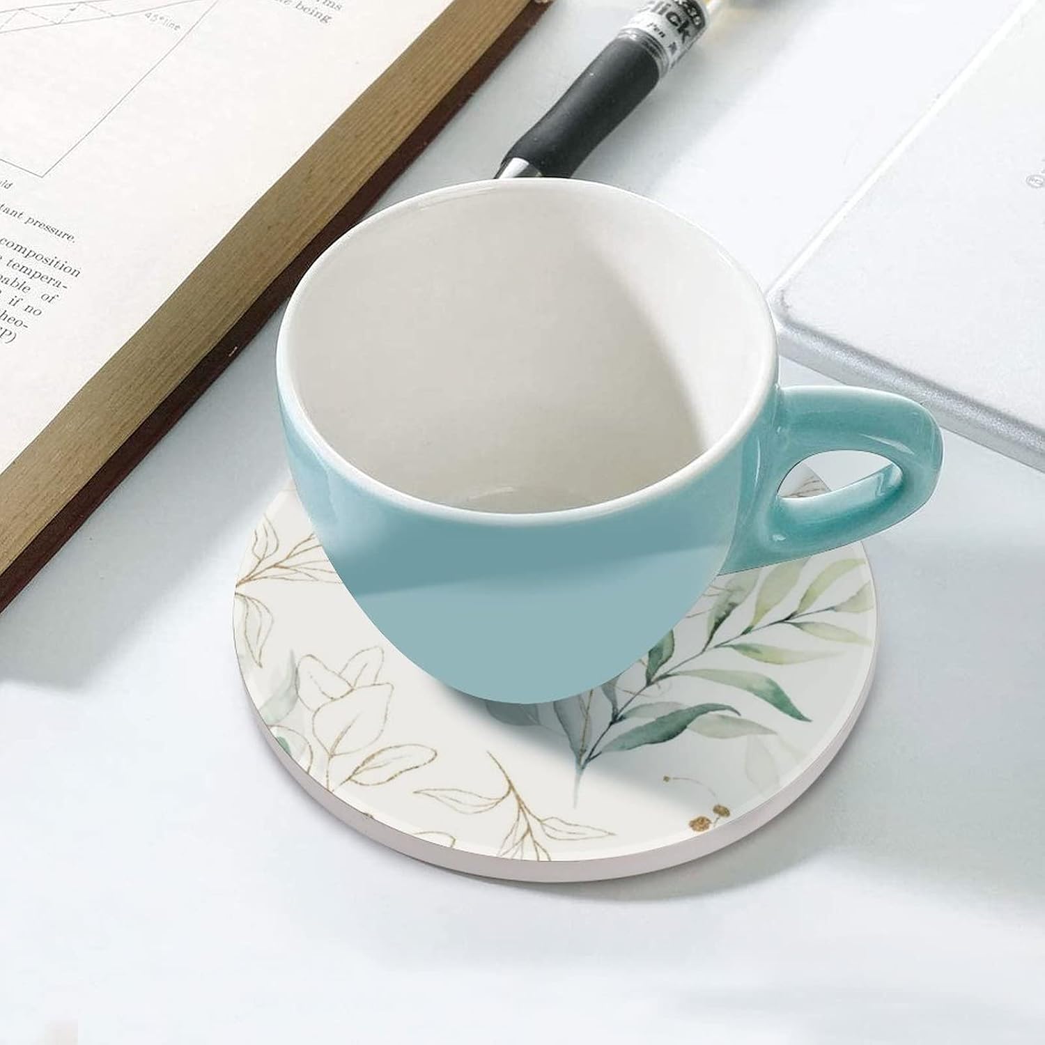 Holder / Coasters for Drinks Absorbent / Abstract Watercolor Floral Green Leaves